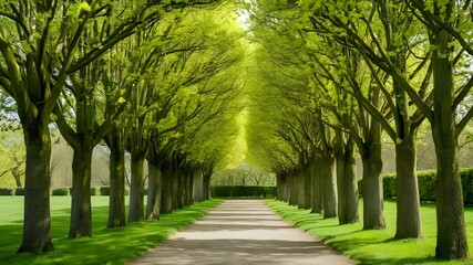 Obraz premium An avenue of lime trees in the park of Hundisburg Castle, Germany, Europe, that looks like a tunnel in the springtime with lush green foliage