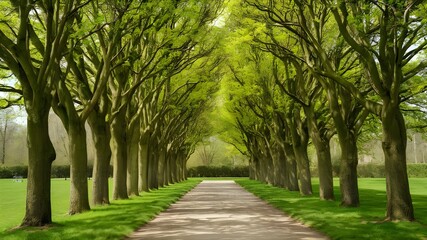 Fototapeta premium An avenue of lime trees in the park of Hundisburg Castle, Germany, Europe, that looks like a tunnel in the springtime with lush green foliage