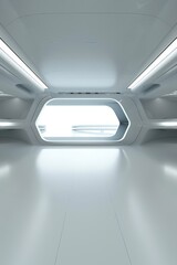 Space silhouette spacecraft interior, light grey and blue, minimalist stage design, horizon, 32K, UHD, HD 