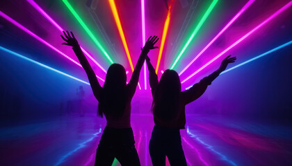 Two women are dancing in front of a colorful light show