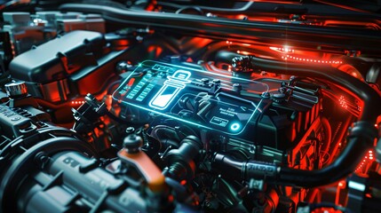 Futuristic Engine Maintenance Concept with Holographic Oil Can Icon and Schedule Projection in Engine Bay