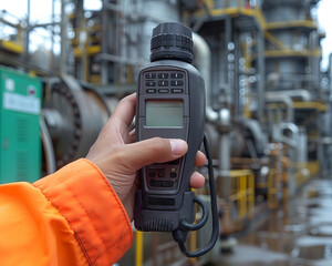 Environmental officer holding to sound level meter for monitor part environmental impact prevention