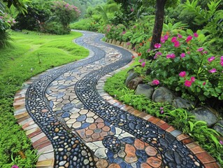 Obraz premium fancy garden paths with intricate designs and quality materials, creating charming and functional walkways through outdoor spaces.