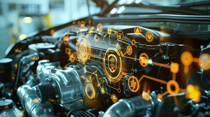 Step by Step Digital Hologram Oil Change Guide Over Car Engine with Icons for Maintenance Instruction