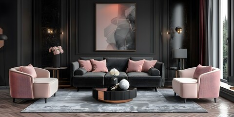 Spacious luxurious living room with black gray and rose pink decor. Concept Luxury Interior Design, Spacious Living Room, Black Gray Decor, Rose Pink Accents