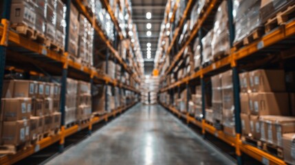 Blurred Warehouse Aisle with Boxes