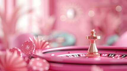 A modern and stylish casino interior in shades of pink, showcasing a roulette table. The minimalist design and ample copy space make this image perfect for promotional use.