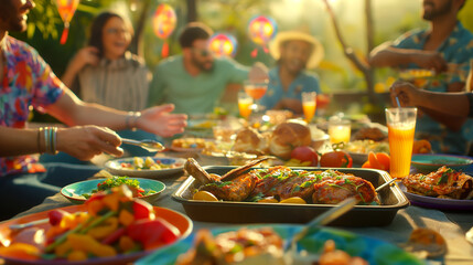diverse group of friends enjoying outdoor meal, vibrant and colorful, summer gathering, multicultural, unity concept