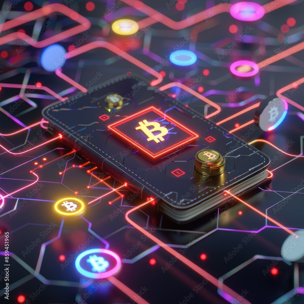 Poster A modern and sleek CGI render of a digital wallet surrounded by a network of colorful, glowing cryptocurrency symbols. 