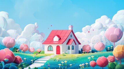 A charming fairytale house with a red roof in a whimsical landscape, surrounded by colorful trees and fluffy clouds under a bright blue sky.