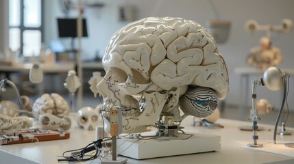 Futuristic Brain-Interface Sculpture Blending Technology and Biology in Contemporary Laboratory Setting