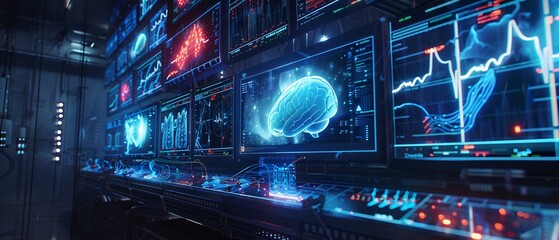 Obraz premium Neural Dynamics: Abstract Brain Waves on High-Resolution Screens in Modern Lab