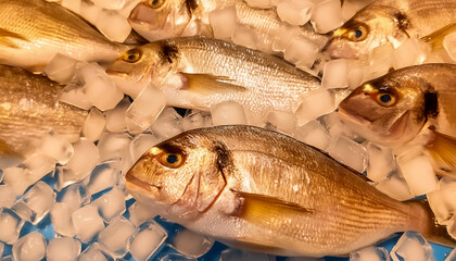Frozen fresh fish among a pile of cold ice cubes. Fresh fish preserved in a pile of ice cubes.