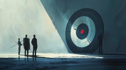 Silhouettes of archers aiming at a target with bullseye in a dark setting, achievement and focus concept