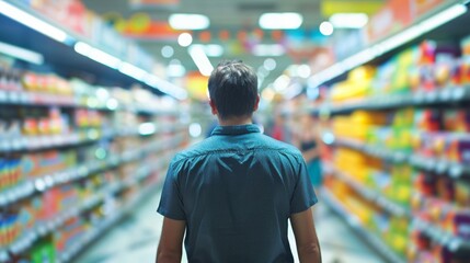 Fototapeta premium Man Shopping in a Supermarket Aisle