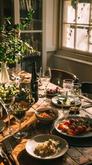 The plain wooden table holds a homemade meal, with steaming dishes and fresh ingredients. The simplicity of the setting enhances the meal's authenticity, evoking a sense of cozy