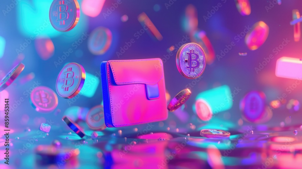 Poster A digital wallet depicted in a 3D environment with vibrant, color-changing digital currency icons floating around it. 