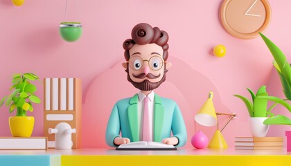 Colorful 3D cartoon illustration of a cheerful businessman with beard and glasses, sitting at a desk in a creative office space.