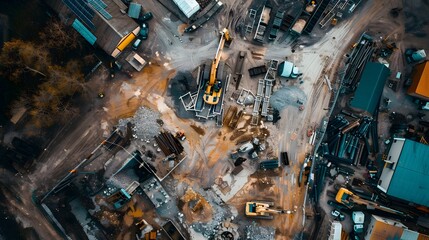 Bustling Construction Site with Heavy Machinery and Towering Skyscrapers in the Background