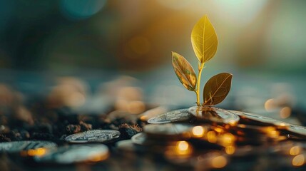 A seedling growing on a pile of coins has a natural backdrop, blurry green, money-saving ideas, and economic growth