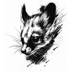 A black and white drawing of a cat on a white background