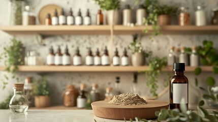 Fototapeta premium A cozy herbal apothecary featuring shelves with natural remedies, essential oils, and dried herbs, emphasizing a holistic and organic approach.