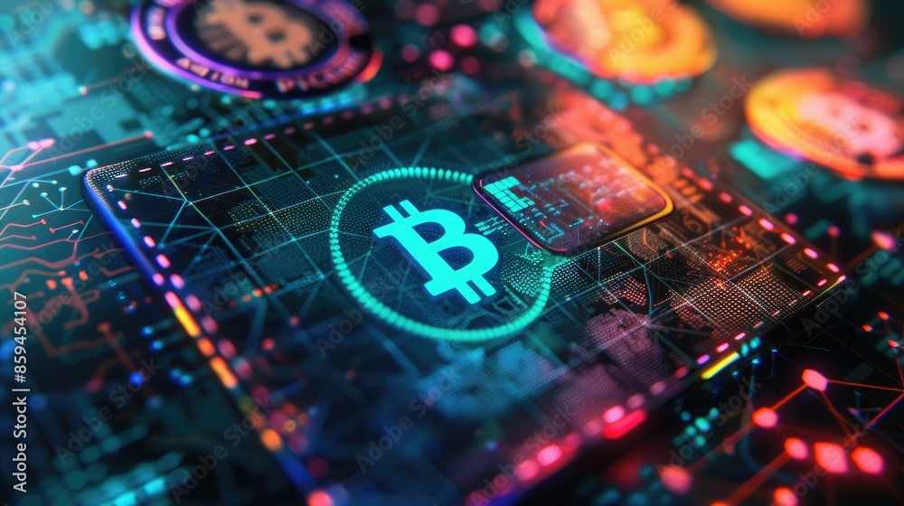 Poster A digital wallet in a 3D environment, featuring glowing blockchain networks and various digital currencies in different vivid colors.