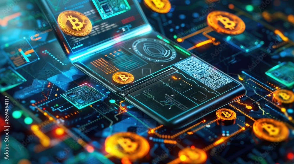 Poster A modern, sleek digital wallet with a futuristic interface, surrounded by colorful digital coins and blockchain symbols. 
