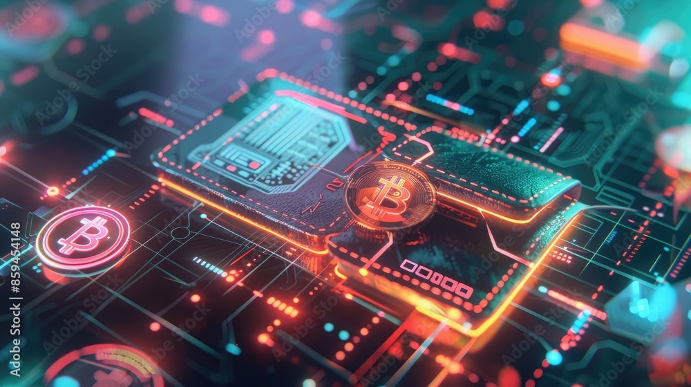 Poster A modern, sleek digital wallet with a futuristic interface, surrounded by colorful digital coins and blockchain symbols.