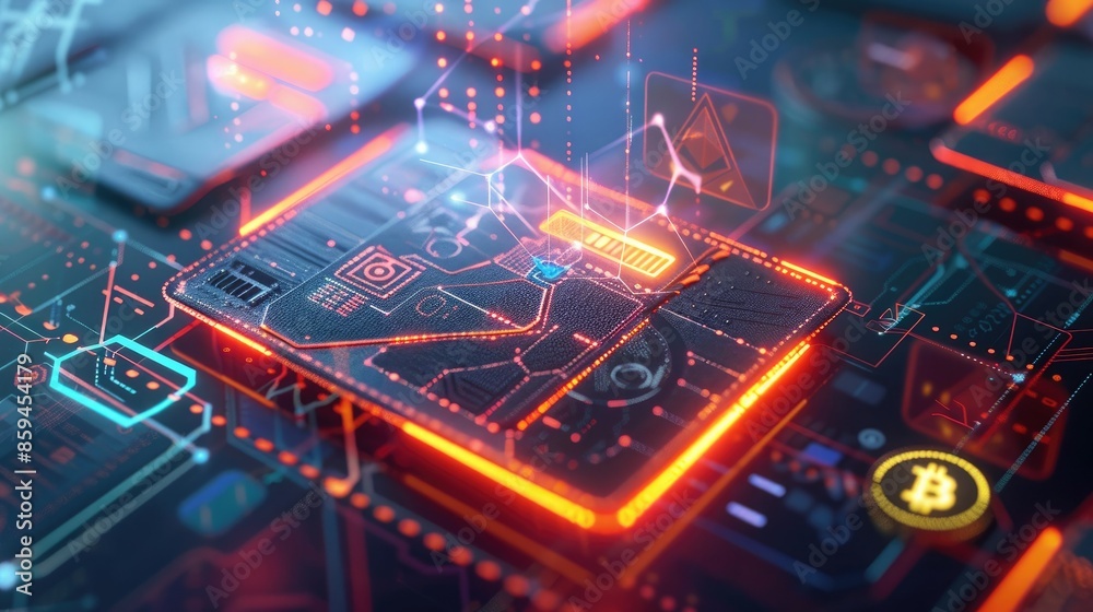 Poster A modern, sleek digital wallet with a futuristic interface, surrounded by colorful digital coins and blockchain symbols. 