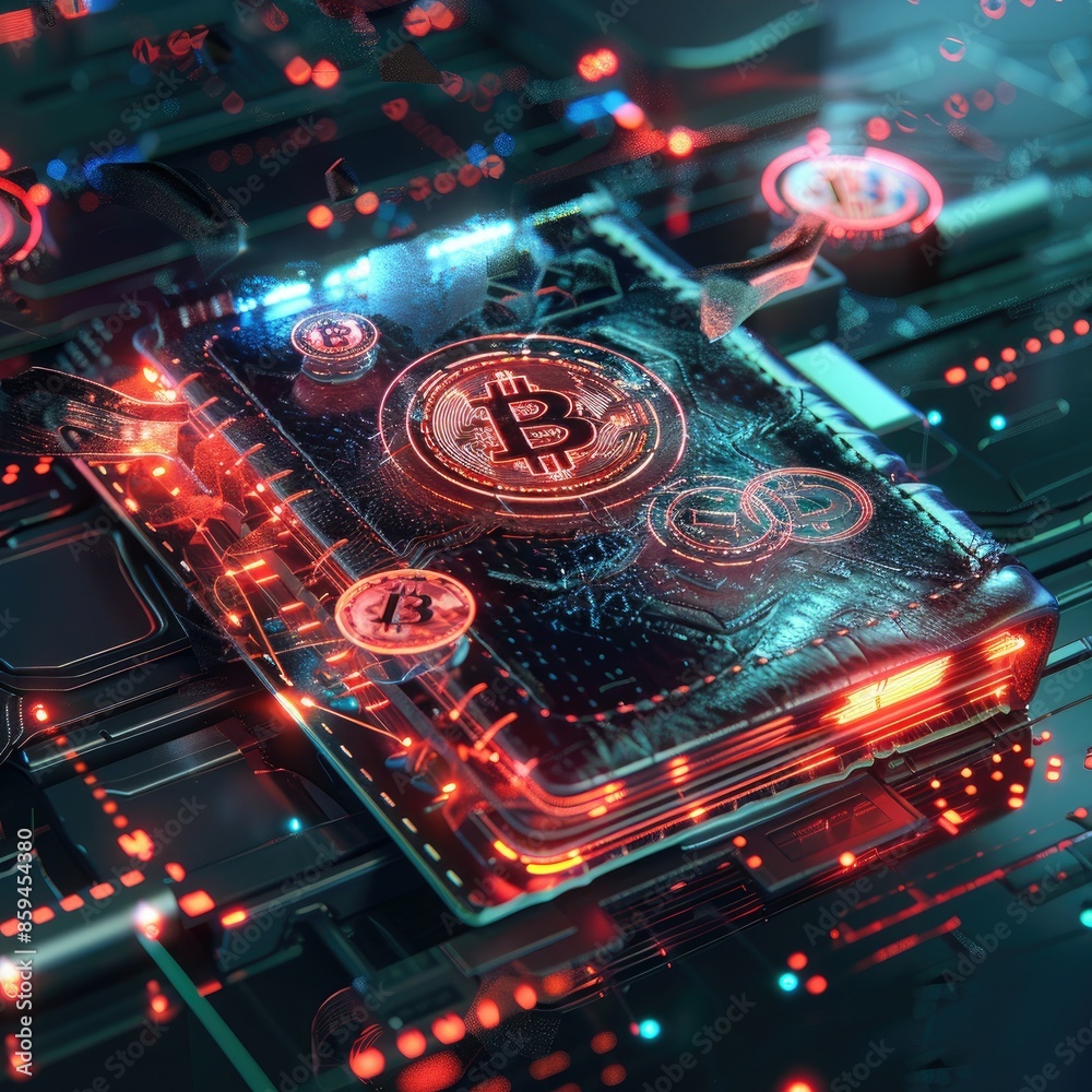 Poster A vibrant CGI render of a digital wallet with glowing cryptocurrency icons swirling around it, set against a high-tech digital background. 