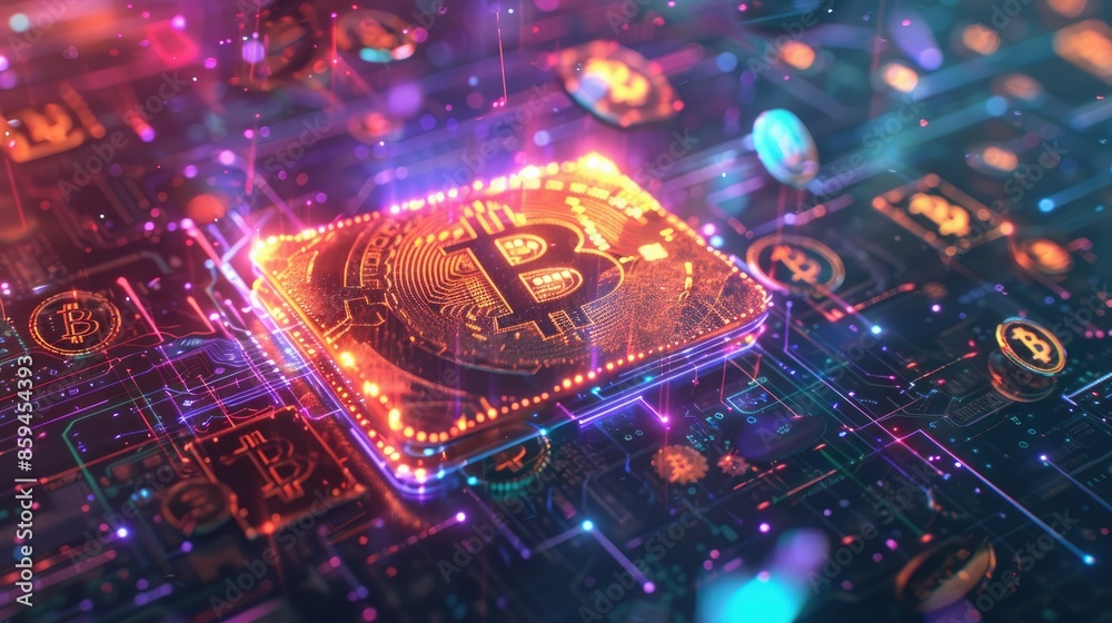 Poster A vibrant CGI render of a digital wallet with glowing cryptocurrency icons swirling around it, set against a high-tech digital background. 