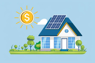 Chart showing reduced energy costs next to a house with solar panels, emphasizing the economic benefits of solar energy savings