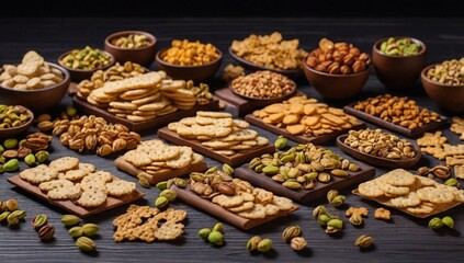 crackers in assortment with different tastes and different shapes and fried salted pistachios are laid out on a wooden substrate. Snacks in assortment on a dark background