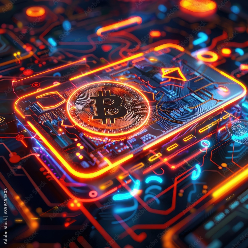 Poster A vibrant CGI render of a digital wallet with glowing cryptocurrency icons swirling around it, set against a high-tech digital background.