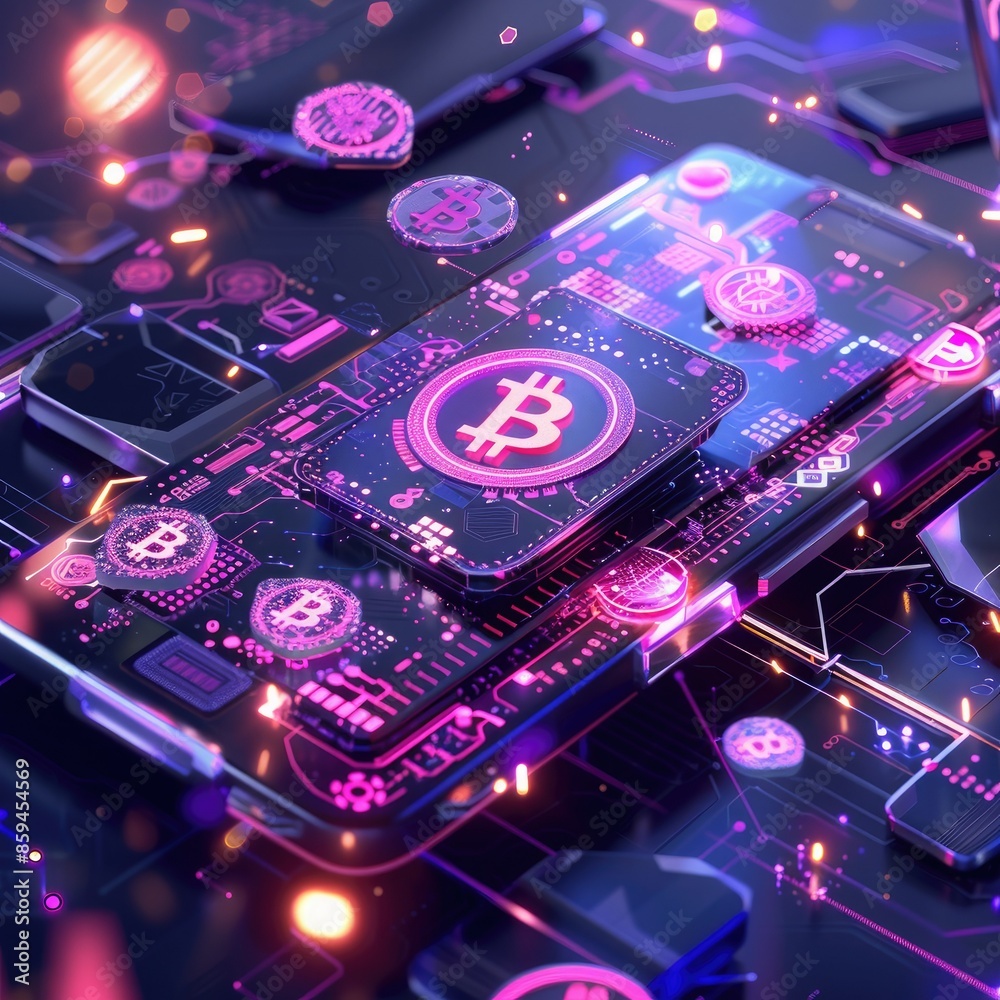Poster A CGI scene showing a digital wallet with animated cryptocurrency symbols floating around it, all in a futuristic Web 3.0 color palette. 