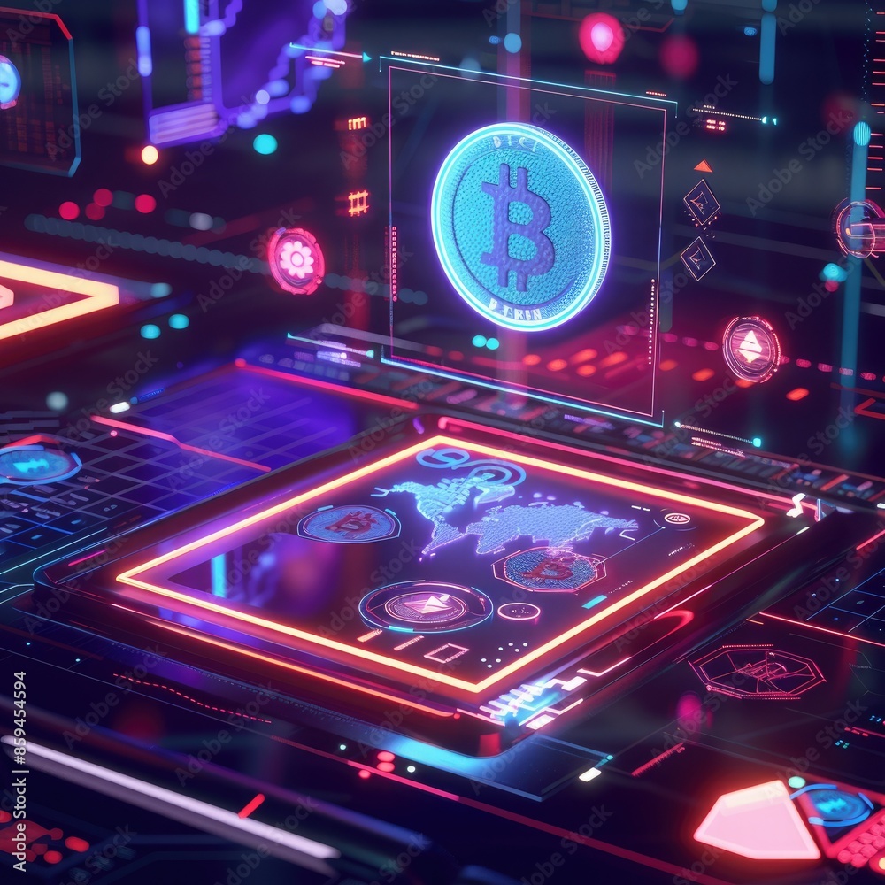 Poster A CGI scene showing a digital wallet with animated cryptocurrency symbols floating around it, all in a futuristic Web 3.0 color palette. 