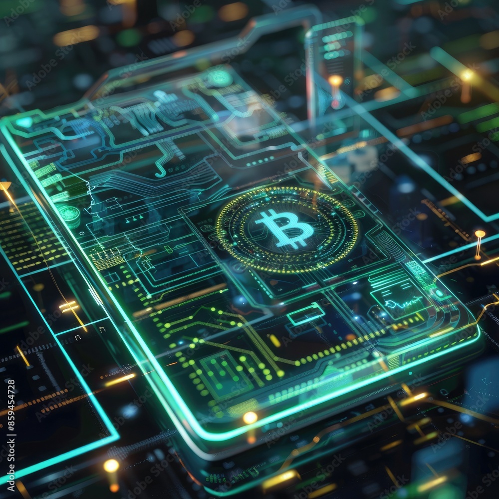 Poster A CGI scene showing a digital wallet with animated cryptocurrency symbols floating around it, all in a futuristic Web 3.0 color palette. 