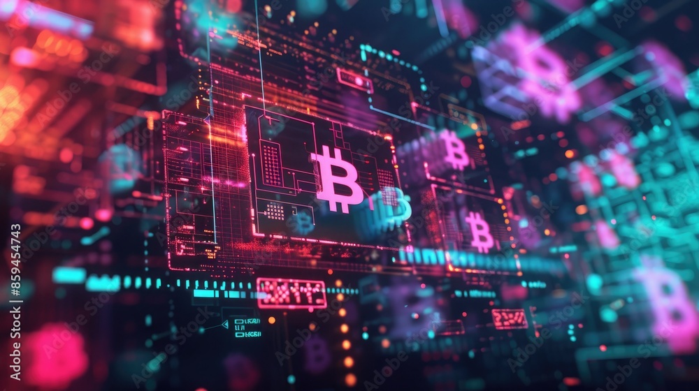 Poster A CGI scene showing a digital wallet with animated cryptocurrency symbols floating around it, all in a futuristic Web 3.0 color palette. 
