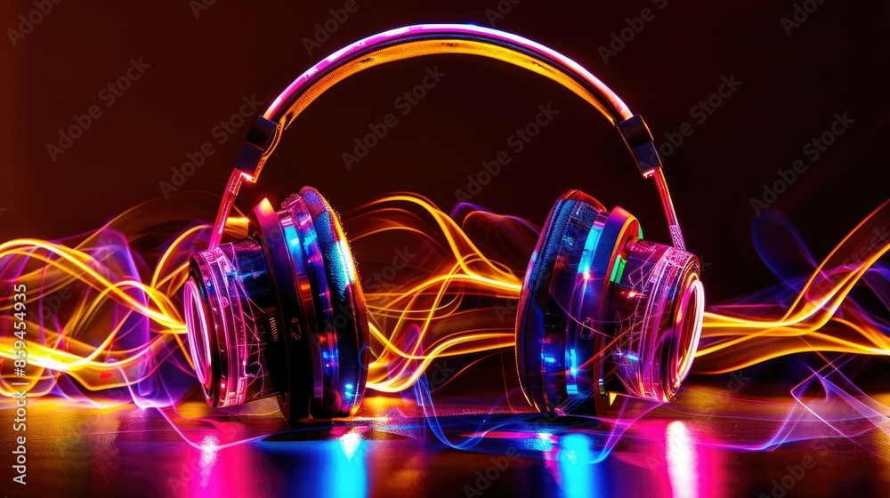Poster a bold and bright design of headphones with swirling, color-changing led lights, creating a mesmeriz