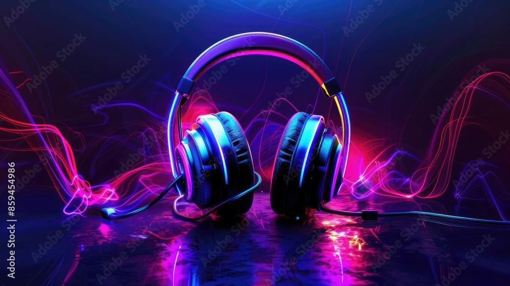 Poster A bold and bright design of headphones with swirling, color-changing LED lights, creating a mesmerizing visual effect. 
