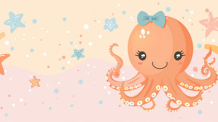 Illustration of joyful orange Baby girl Octopus with blue Ribbon on colourful pastel background with stars. Mock up, Banner with copy space with text.