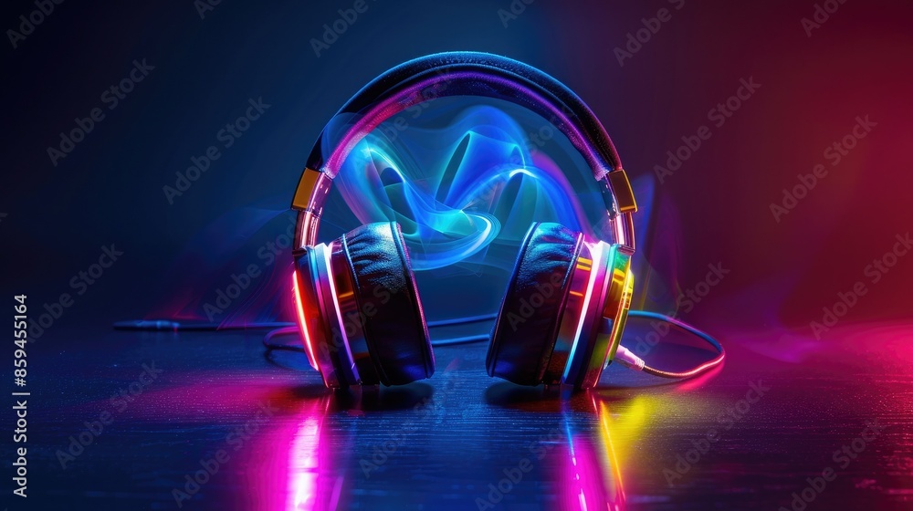 Poster a bold and bright design of headphones with swirling, color-changing led lights, creating a mesmeriz