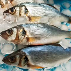 Frozen fresh fish among a pile of cold ice cubes. Fresh fish preserved in a pile of ice cubes.