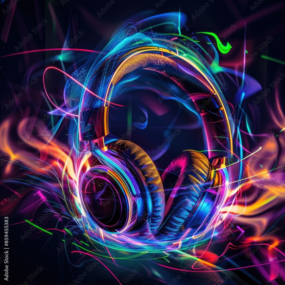 Aufkleber an abstract design with headphones surrounded by colorful light trails, emphasizing the immersive au