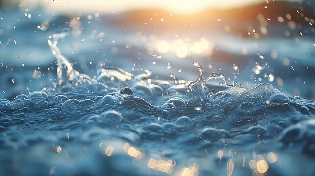 Abstract image of water splash with sunlight and bubbles shining, emphasizing the bright and dynamic aspects of water, highlighting the interplay of light and fluid forms.