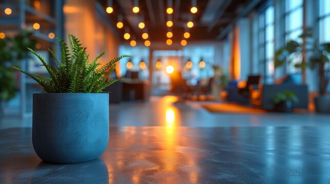 Beautiful image of a potted plant in a modern office setting with warm ambient lighting, highlighting the blend of nature and contemporary indoor design for a calm atmosphere.