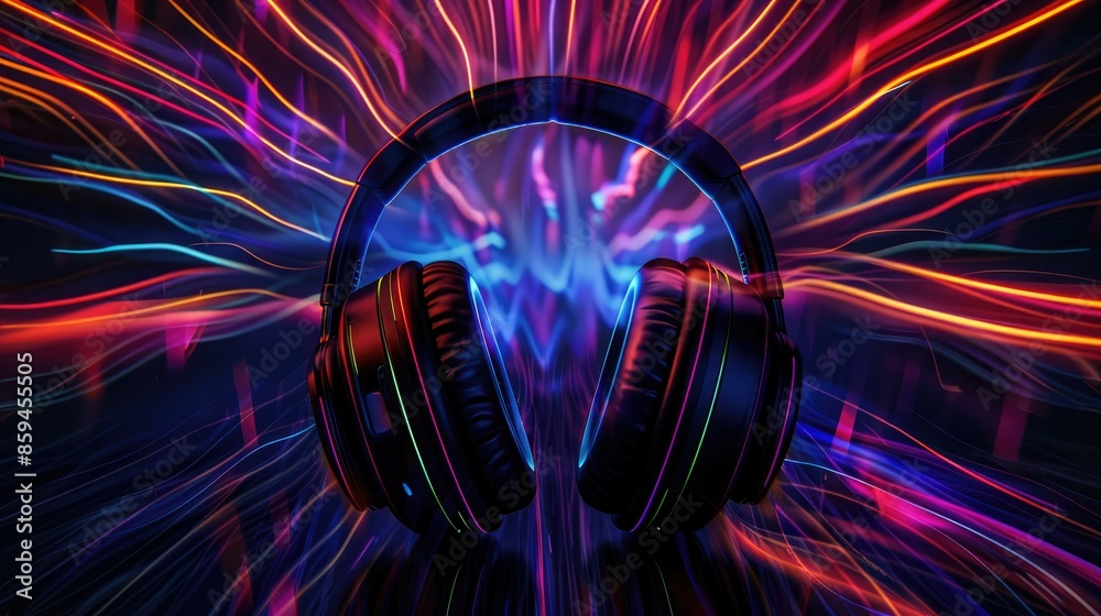 Aufkleber an abstract design with headphones surrounded by colorful light trails, emphasizing the immersive au