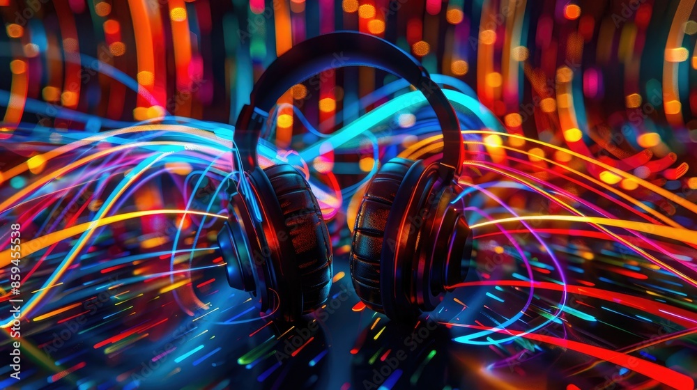 Poster an abstract design with headphones surrounded by colorful light trails, emphasizing the immersive au