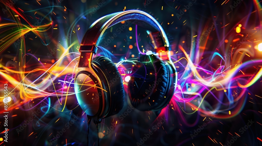 Poster an abstract design with headphones surrounded by colorful light trails, emphasizing the immersive au